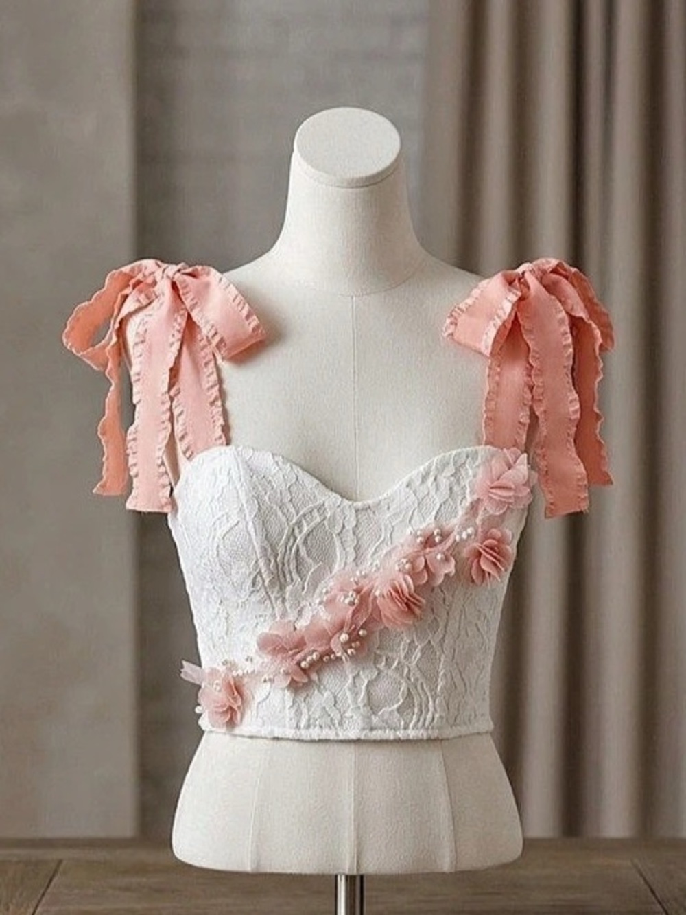 Custom made Pink & White Floral Lace Crop Top Like New